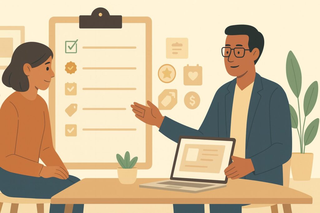 Colloquio tra un aspirante coach e un formatore professionale che illustra come scegliere la scuola di coaching più adatta per diventare coach certificato