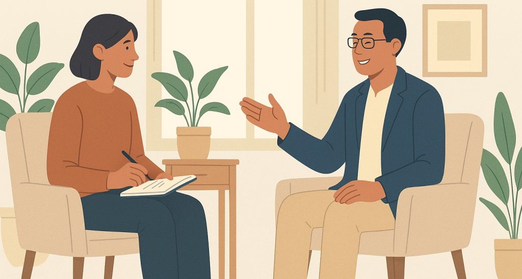 Illustrazione di sessione di coaching tra coach e cliente, simbolo di ascolto, fiducia e crescita personale offerti dalla scuola di coaching Comediventarecoach nella sessione gratuita di orientamento