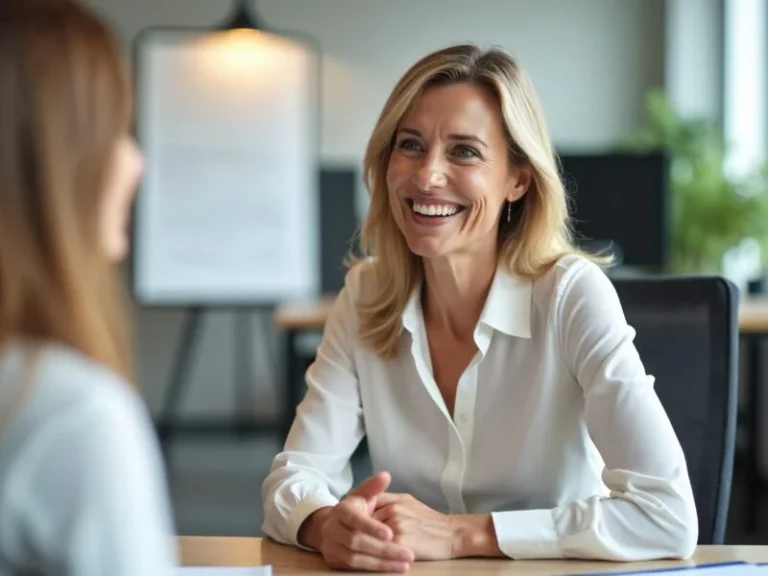 Donna sorridente seduta in ufficio durante un incontro professionale, simbolo di fiducia, successo e crescita personale in un futuro guidato dal coaching